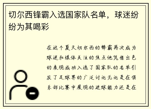 切尔西锋霸入选国家队名单，球迷纷纷为其喝彩